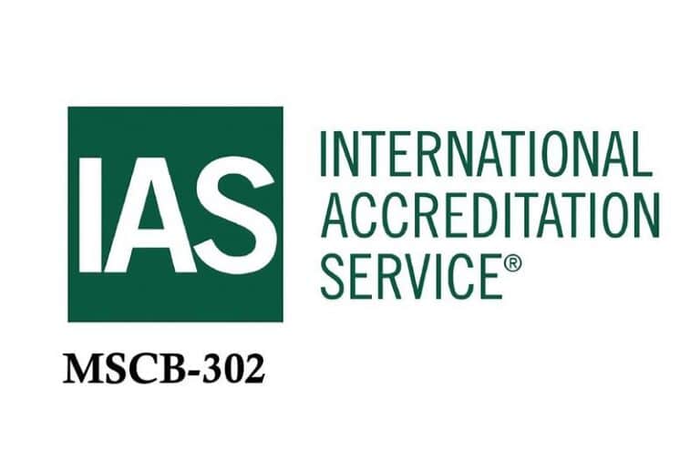 Logo of the International Accreditation Service (IAS) with the certification MSCB-302.