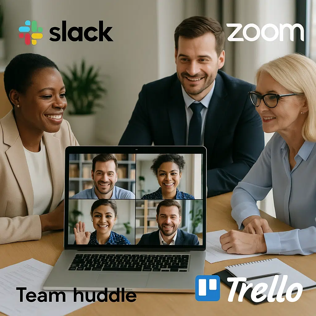 Group of three professionals sits around a table during a video conference.