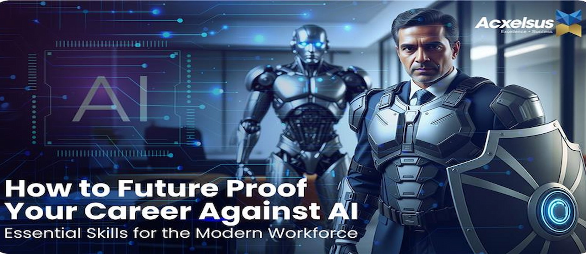 Futuristic business professional in armor stands beside a humanoid robot