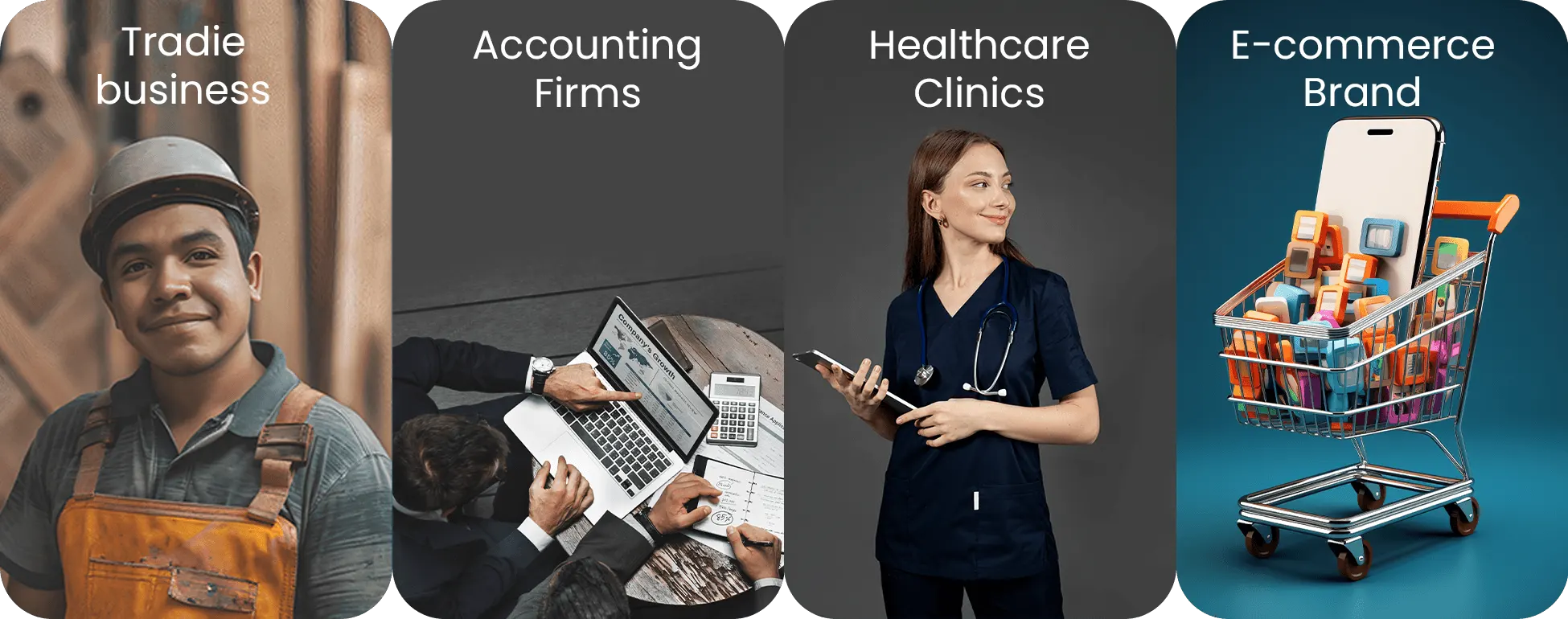 A collage of four business sectors: a smiling tradesman in a hard hat, two professionals analyzing growth data on a laptop, a female healthcare worker with a stethoscope and tablet, and a shopping cart filled with smartphone accessories representing an e-commerce brand.